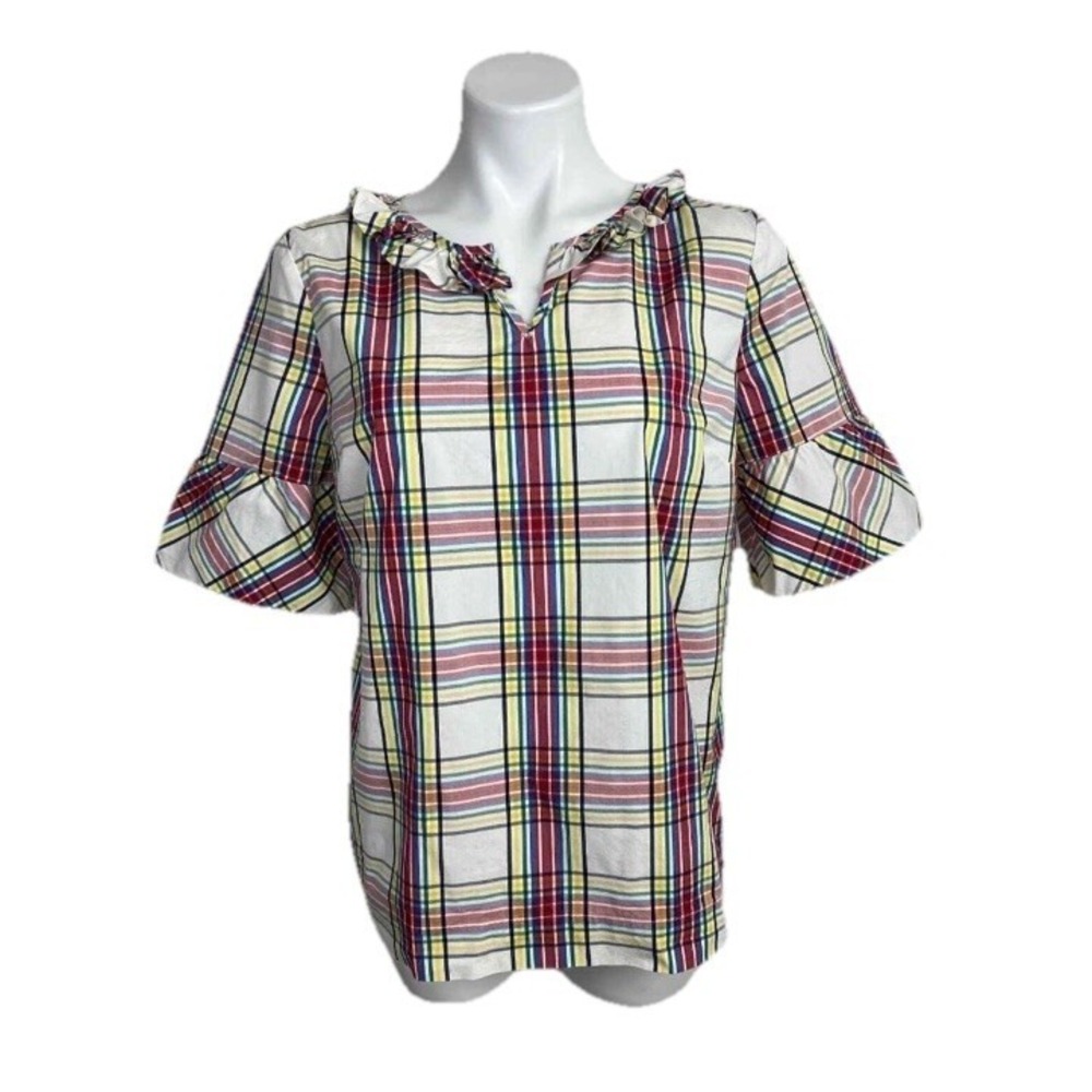 Talbots Ruffle Top Women‎ Small Red Cream Plaid Short Sleeve Blouse N42